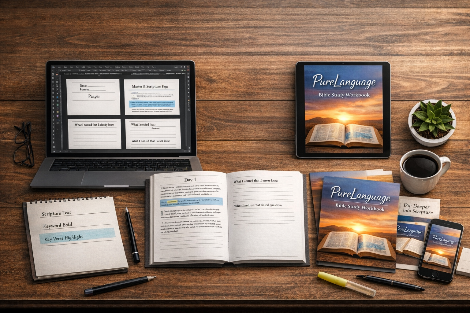 Bible study workbook on a desk with companion devices